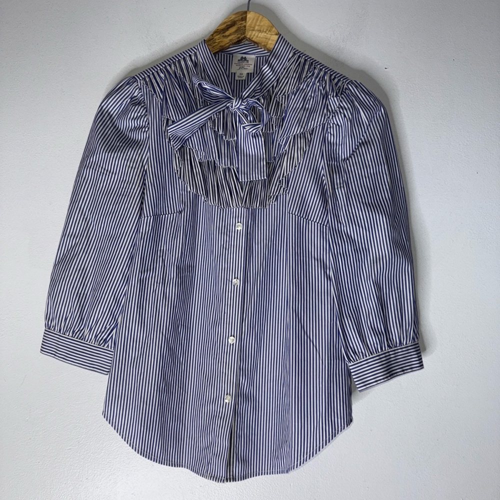 J Crew Thomas Mason Ruffle Navy & White Striped Tie‎ Neck Shirt Size 00